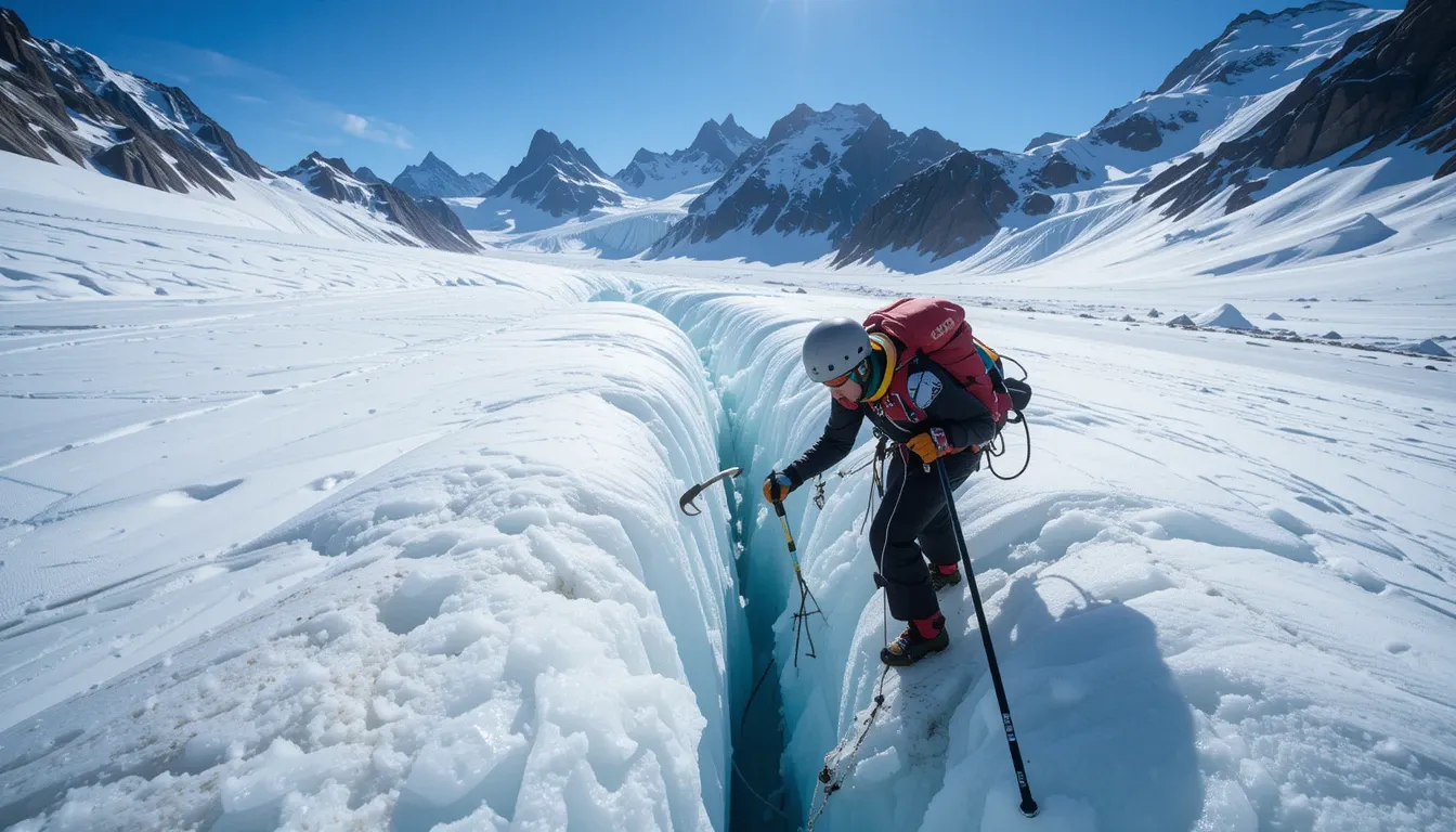 A climber probing a crevasse on Wrangell’s glacier with ice axes