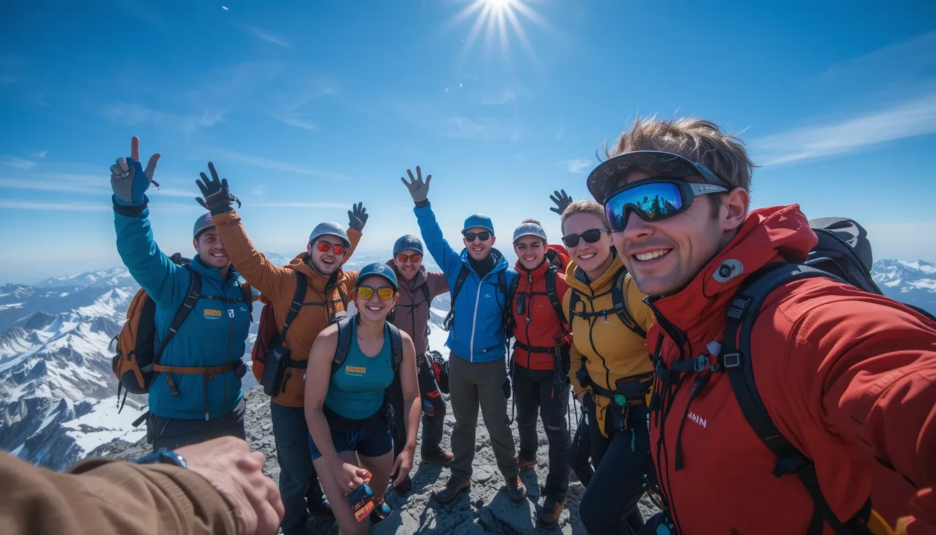 A group celebrating safely at a mountain summit, Garmin inReach in hand