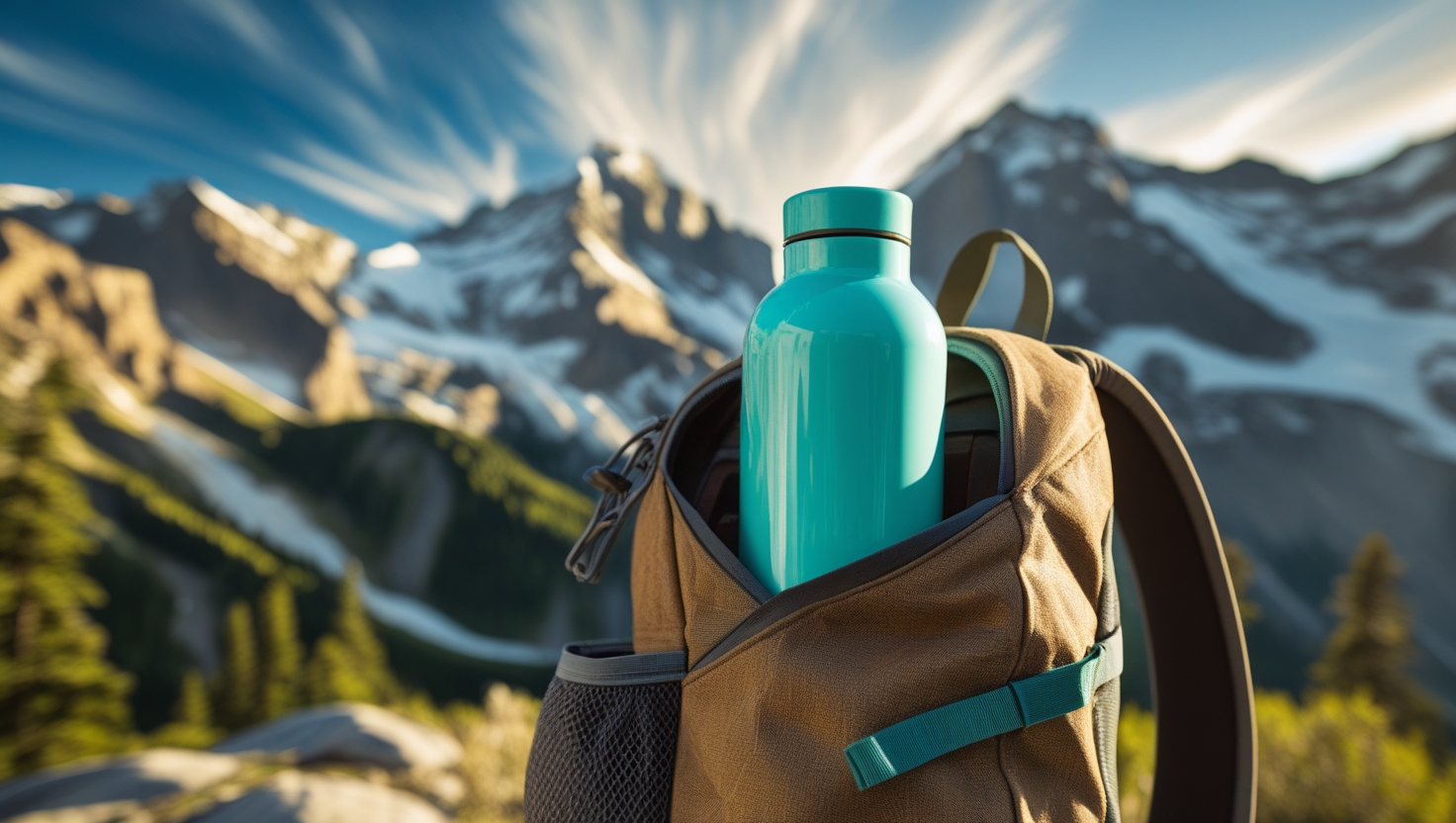 A reusable water bottle in a backpack side pocket, mountain landscape in the background