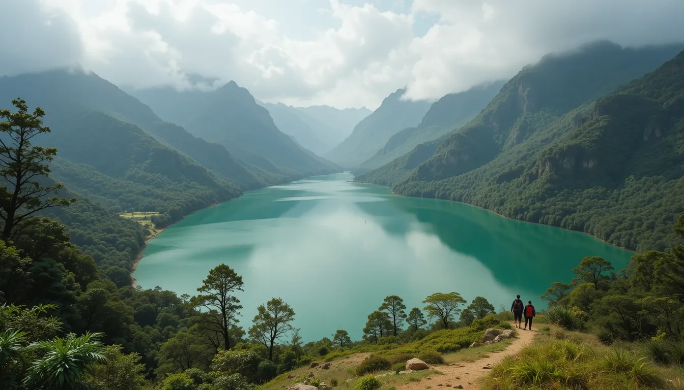 A serene emerald-green lake surrounded by misty mountains, hikers on a trail overlooking the water.