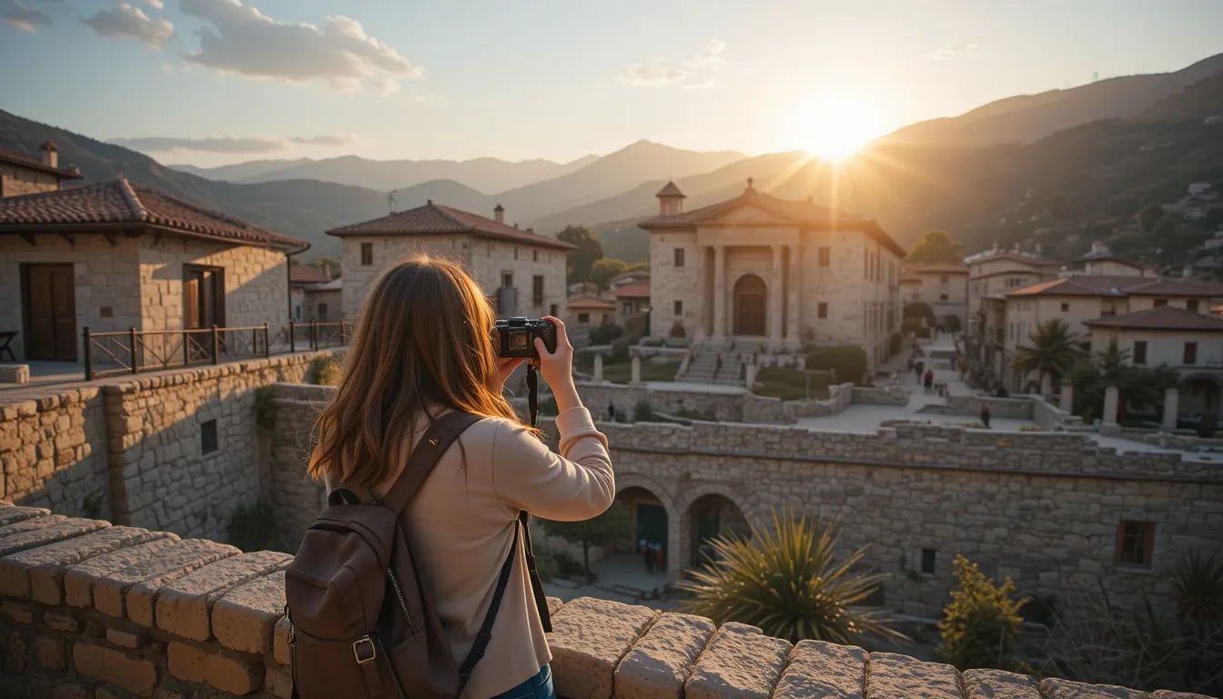 A solo female traveler photographing Gjirokastër’s stone architecture, golden hour lighting