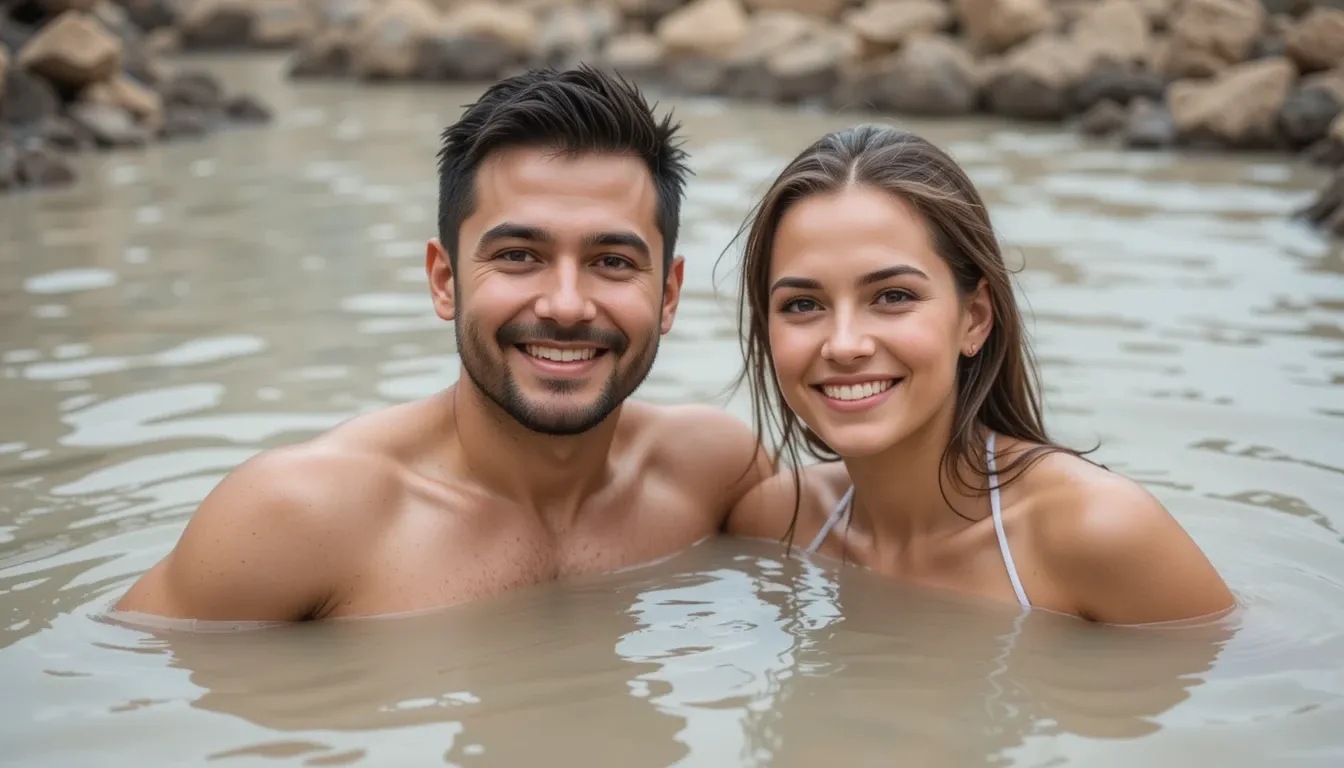 Couple in a mud bath at Sulphur Springs, St. Lucia