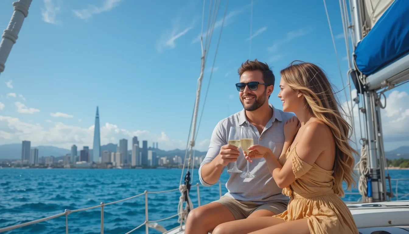 Couple toasting champagne on a catamaran, Honolulu skyline in the distance