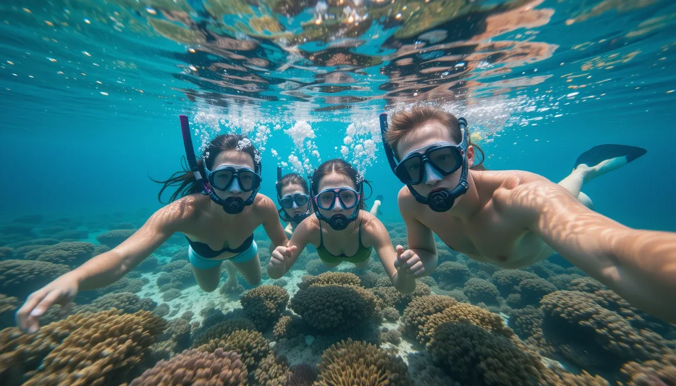 Family snorkeling in a protected marine park, vibrant coral below