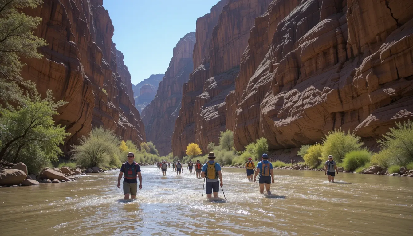 Hikers wading through The Narrows’ Virgin River, surrounded by red sandstone