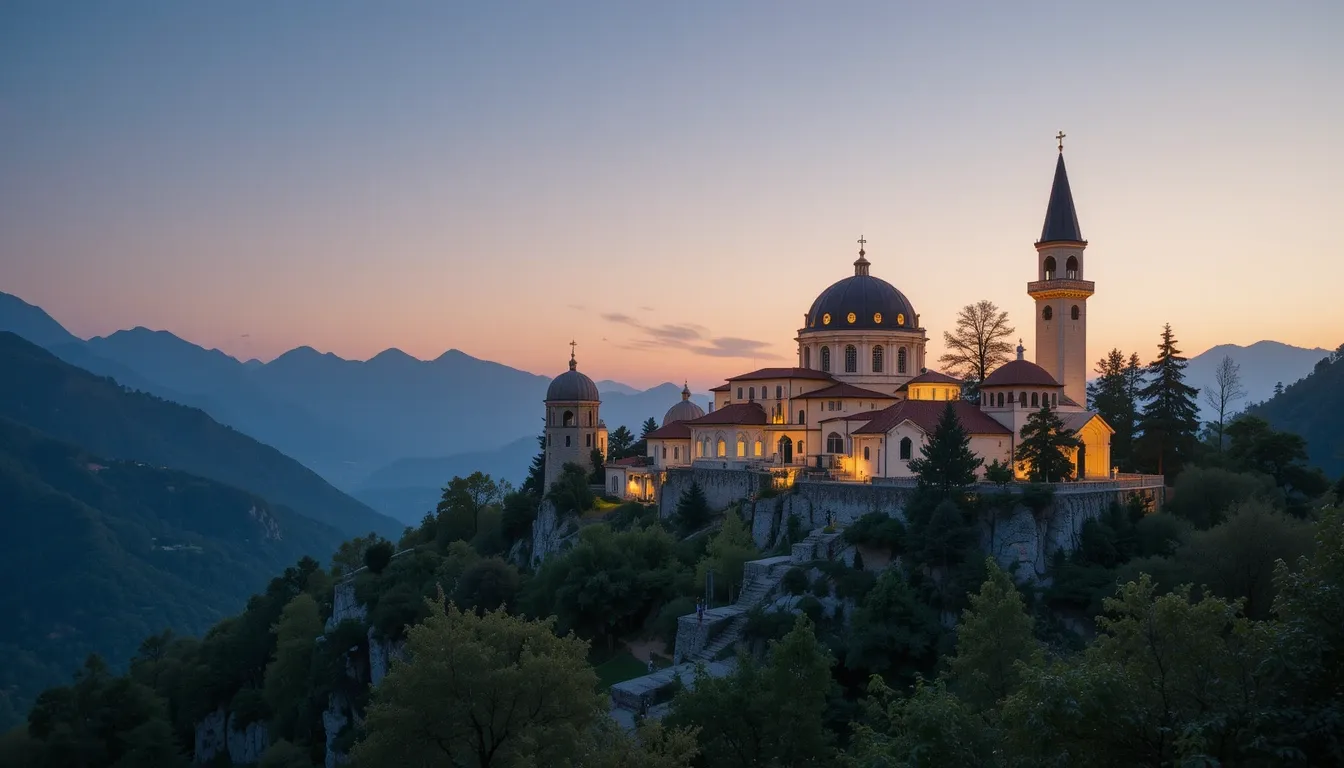 New Athos Monastery at dusk, illuminated against a mountain backdrop