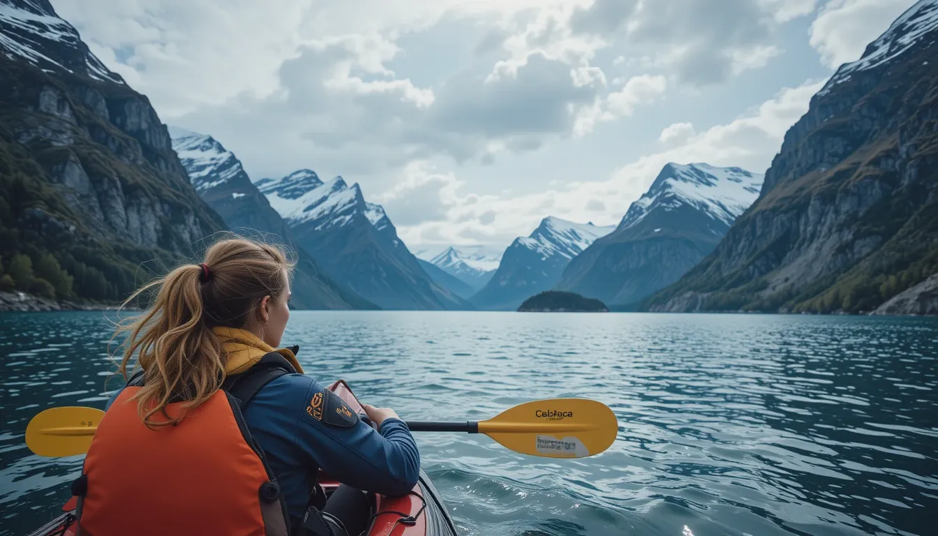 Solo traveler kayaking Geirangerfjord, surrounded by snow-capped peaks