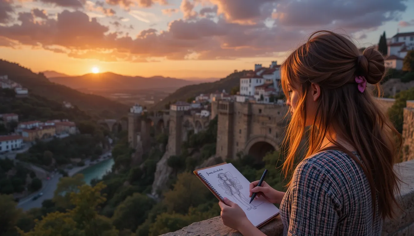 Sunset over Ronda’s Puente Nuevo, a solo traveler sketching the view