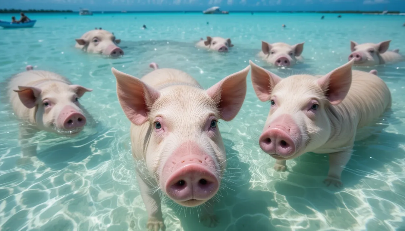 Swimming pigs at Exuma Cays, Bahamas