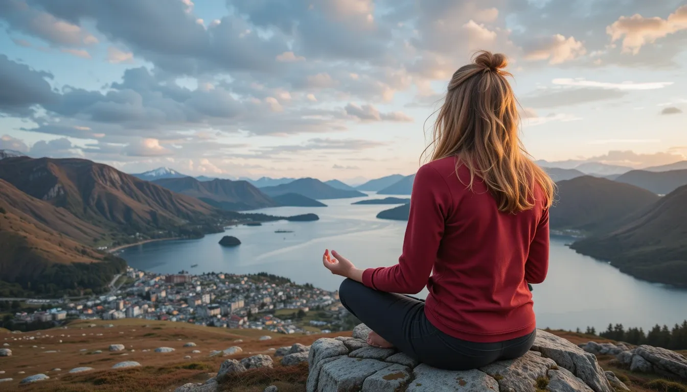 Woman meditating at Ålesund’s Fjellstua viewpoint
