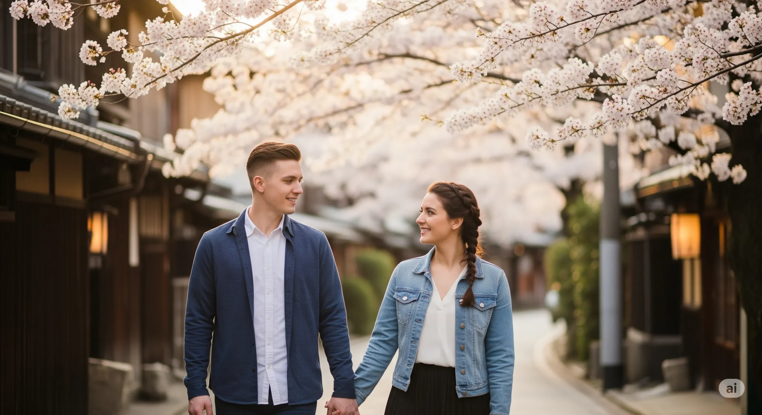 A couple strolling hand-in-hand beneath a canopy of delicate cherry blossoms, the quintessential Kyoto honeymoon experience