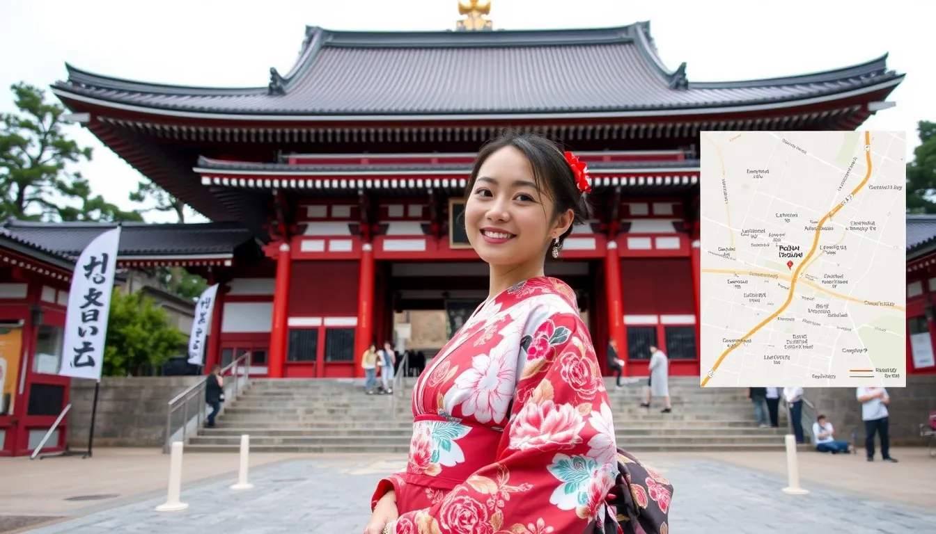 Solo female traveler in traditional kimono at Asakusa’s Sensō-ji Temple