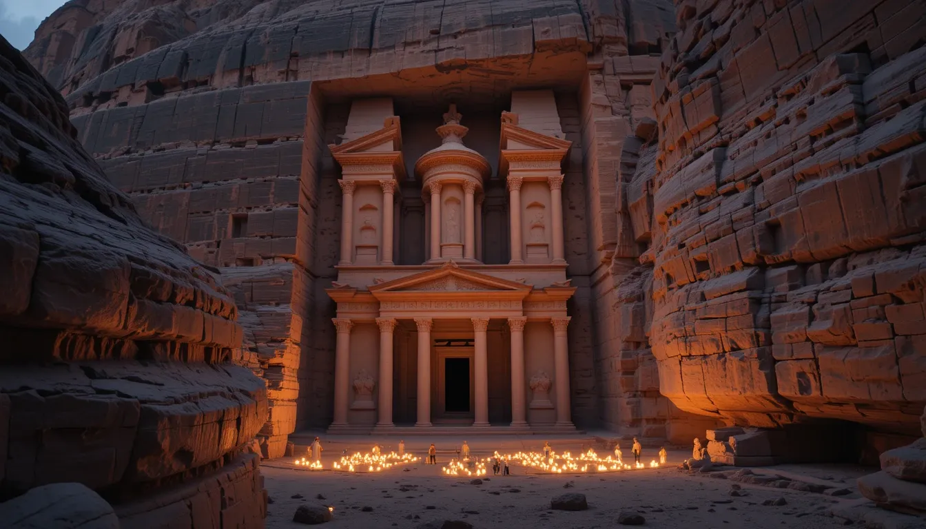 The rose-colored ruins of Petra, Jordan, showcasing elaborate facades carved into sandstone cliffs