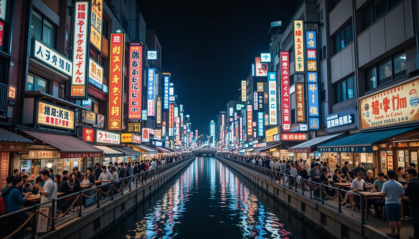 Dotonbori's iconic neon lights and street food scene in Osaka 2025