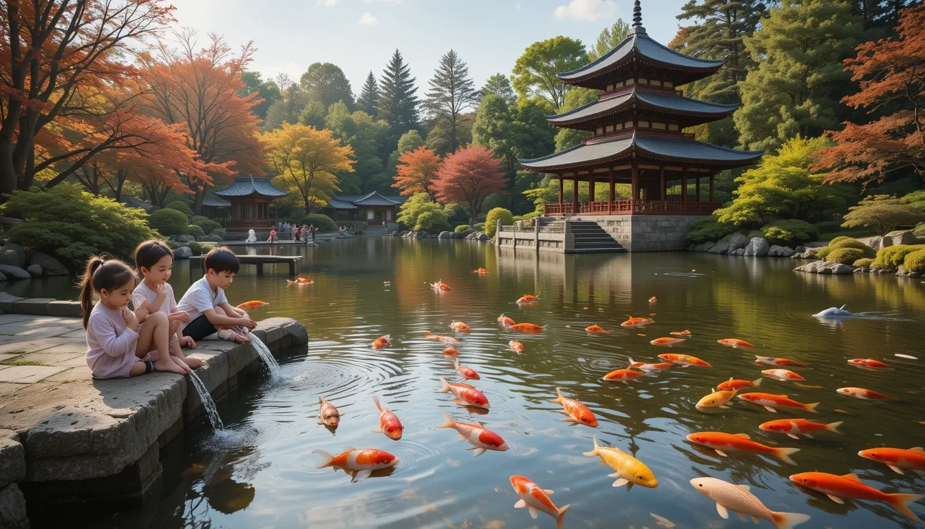 Children feeding koi fish in Kyoto Garden London, serene Japanese landscape with pagoda and maple trees