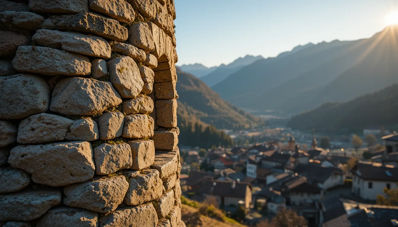 Close-up of a medieval stone tower in Svaneti, Georgia, with traditional village and mountains in the background during golden hour