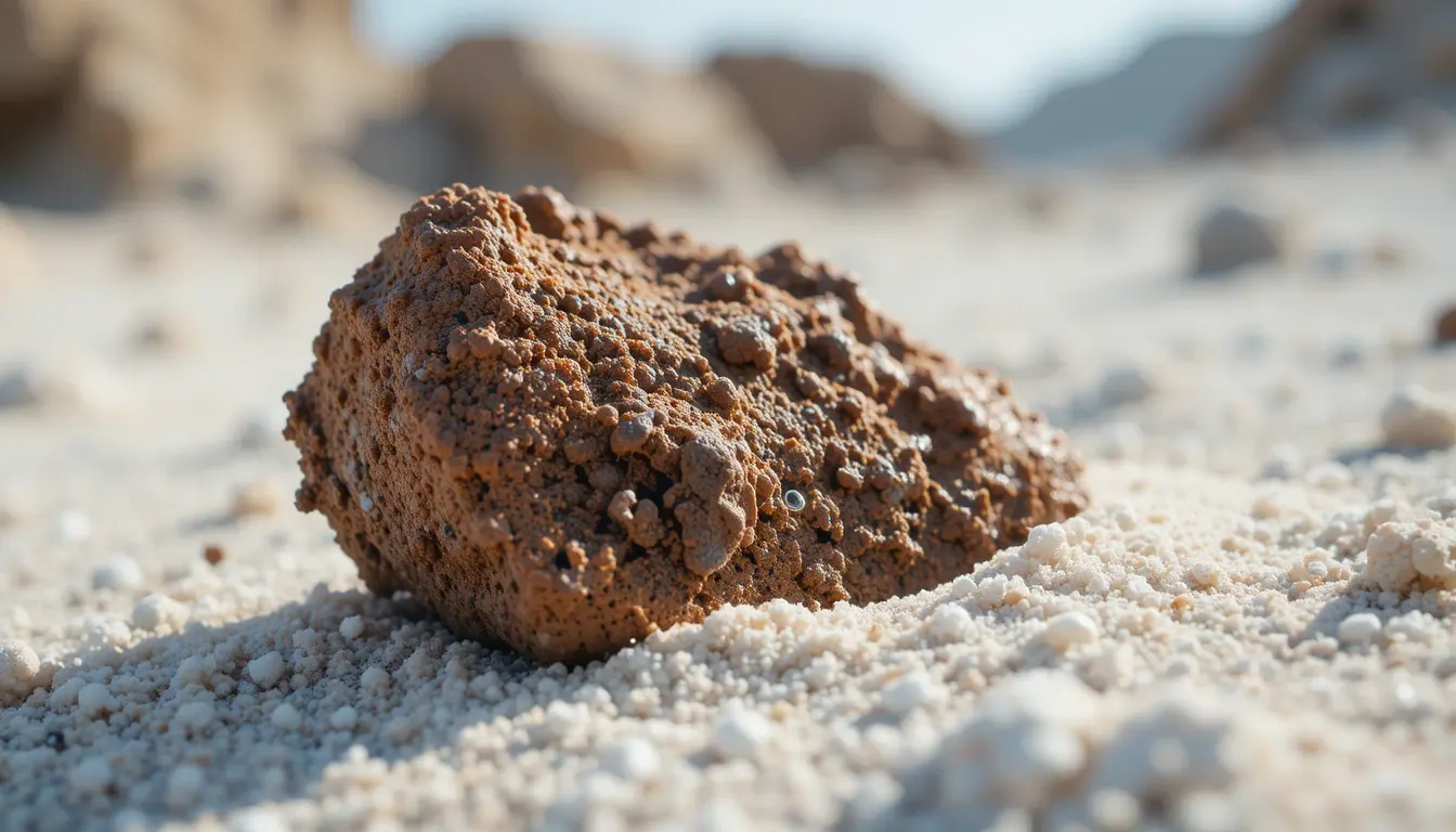 Close-up of a rust-colored meteorite fragment resting on white desert sand