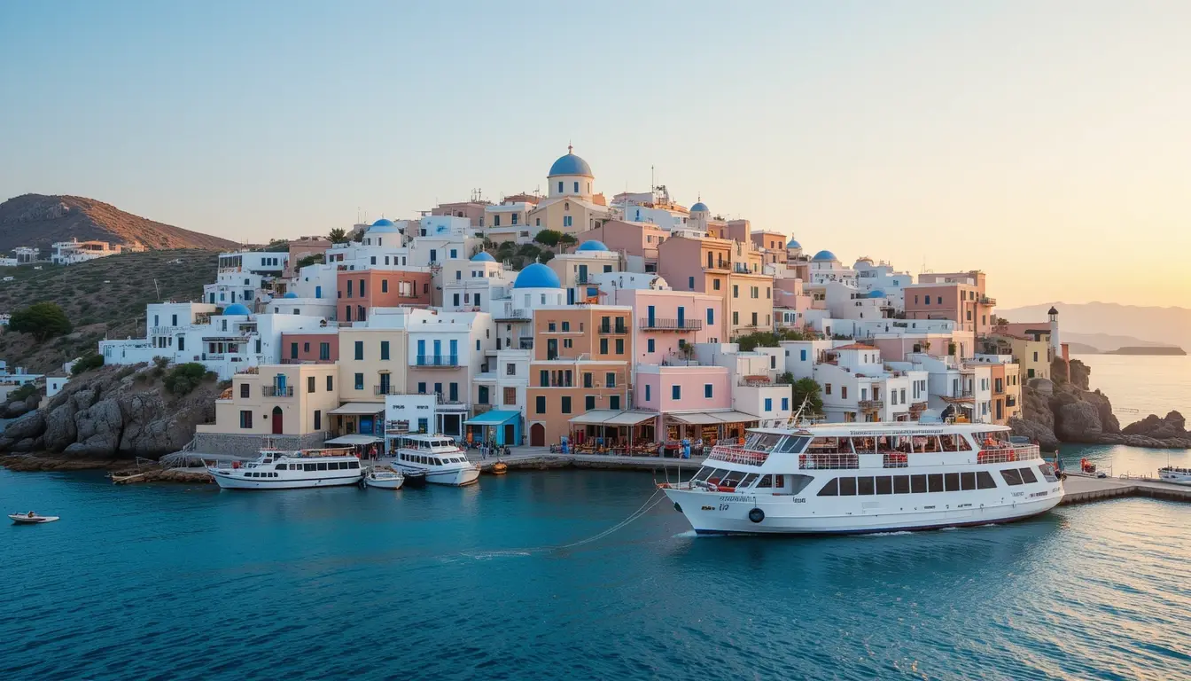 Greek island hopping ferry and village scenery