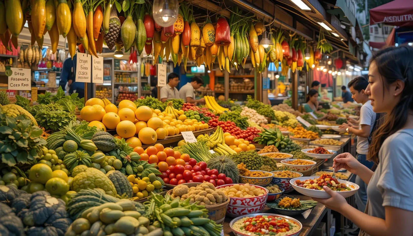 Vibrant vegan food market in Chiang Mai showcasing local plant-based Thai specialties for travelers