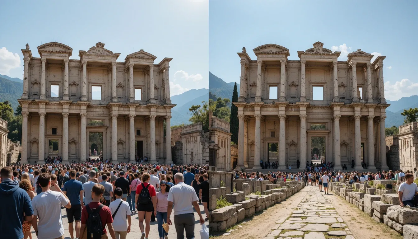 Side-by-side comparison of ancient ruins during crowded peak season versus peaceful shoulder season visit