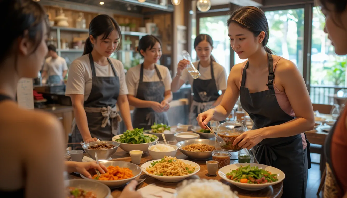 Thai cooking instructor teaching travelers how to prepare vegan pad thai using traditional techniques