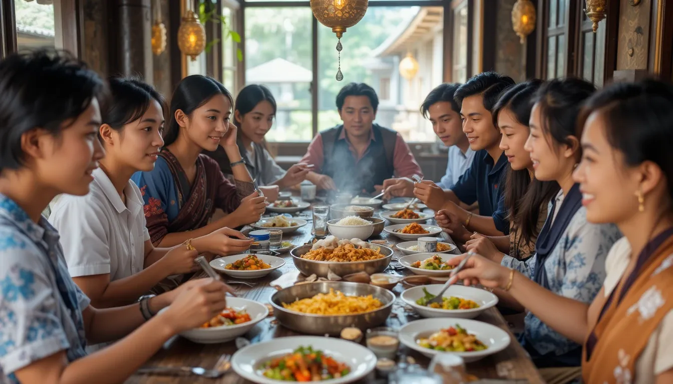 Travelers and locals sharing traditional cuisine while respectfully accommodating different dietary needs