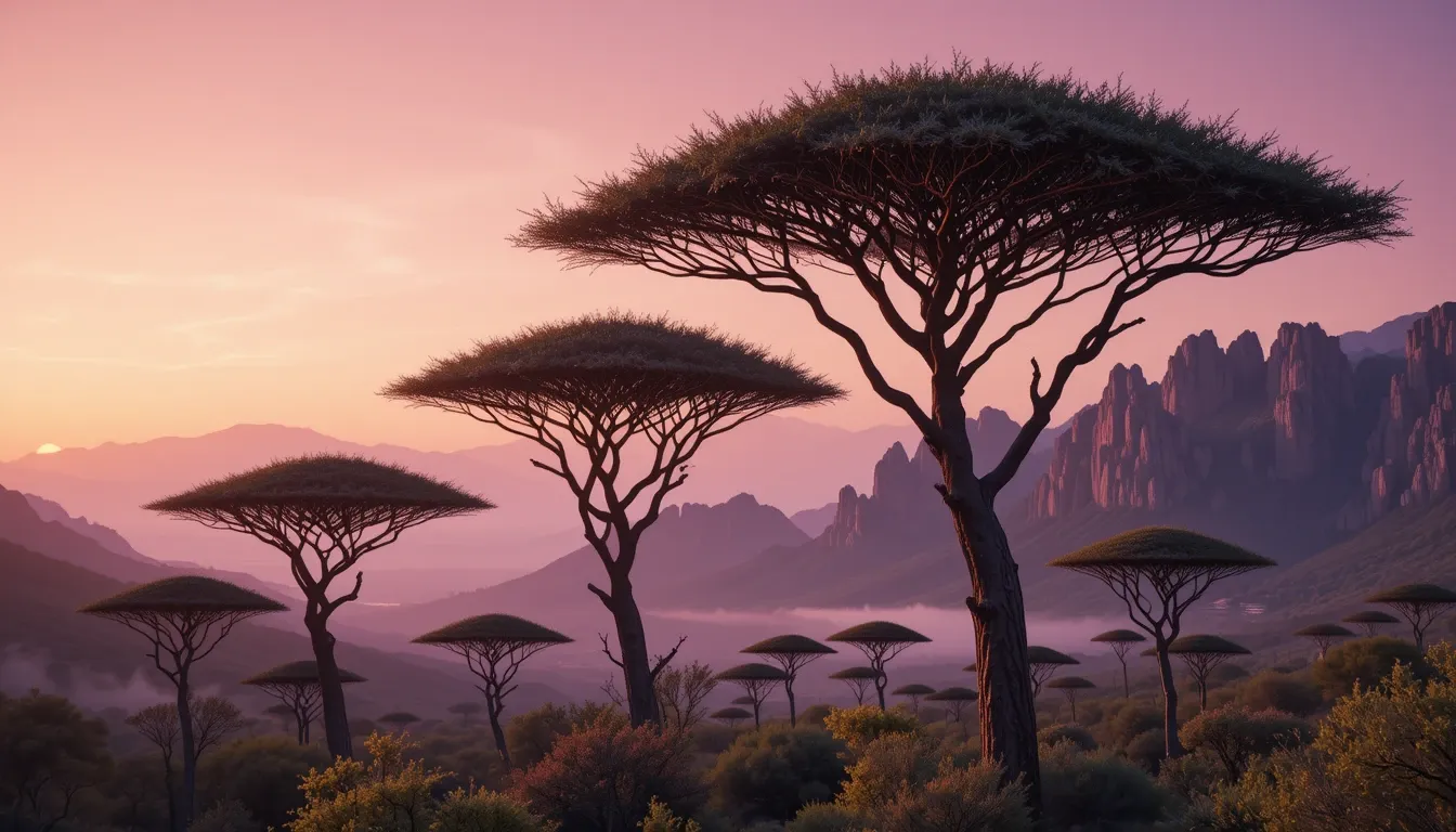 Dragon's Blood Trees at sunrise in Socotra's Firmihin Forest with misty mountains