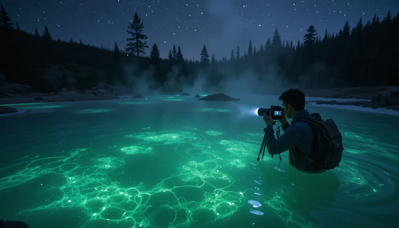Explorer photographing bioluminescent microbes in Yellowstone hot spring at night