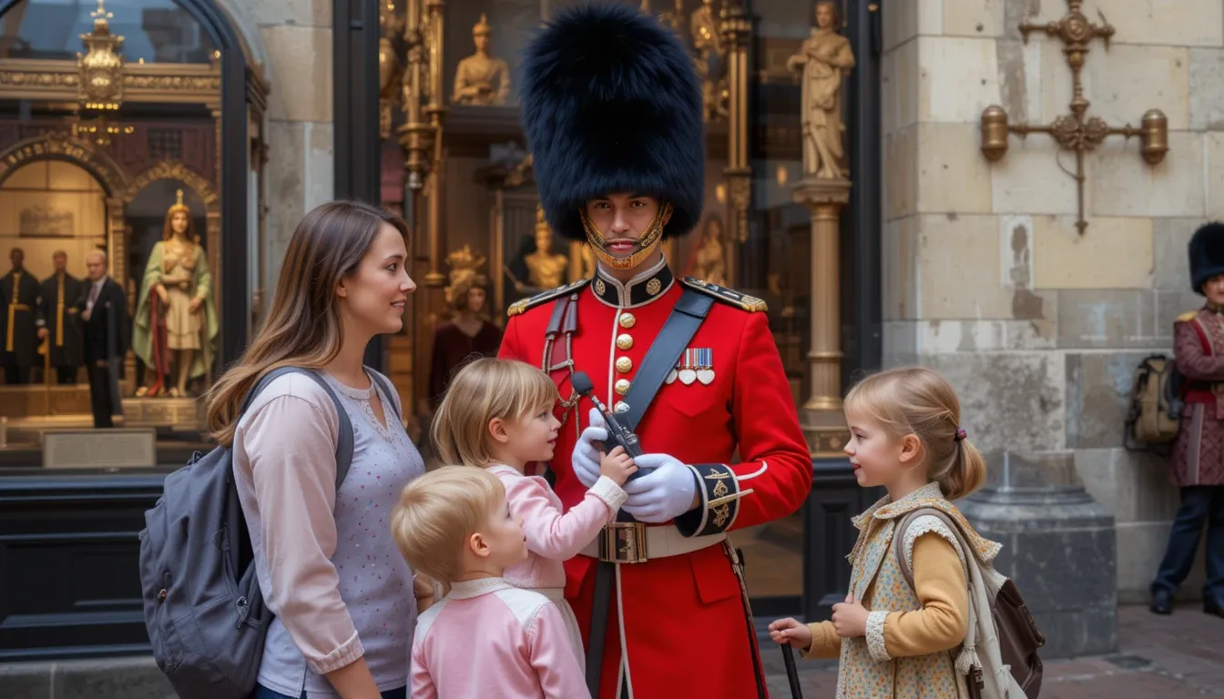 Family with kids interacting with Beefeater guard at Tower of London, Crown Jewels display in background