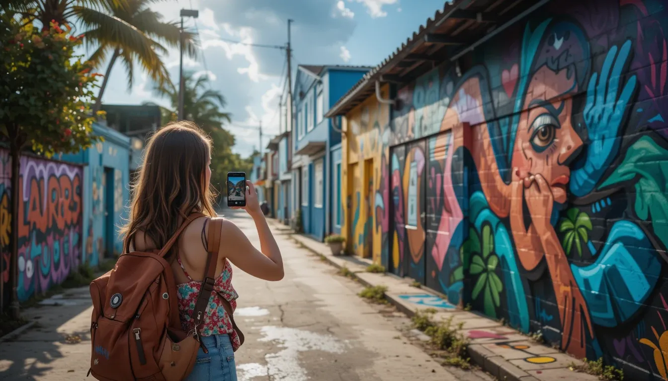 Female traveler capturing street art in Miami's Allapattah neighborhood during off-season storm light