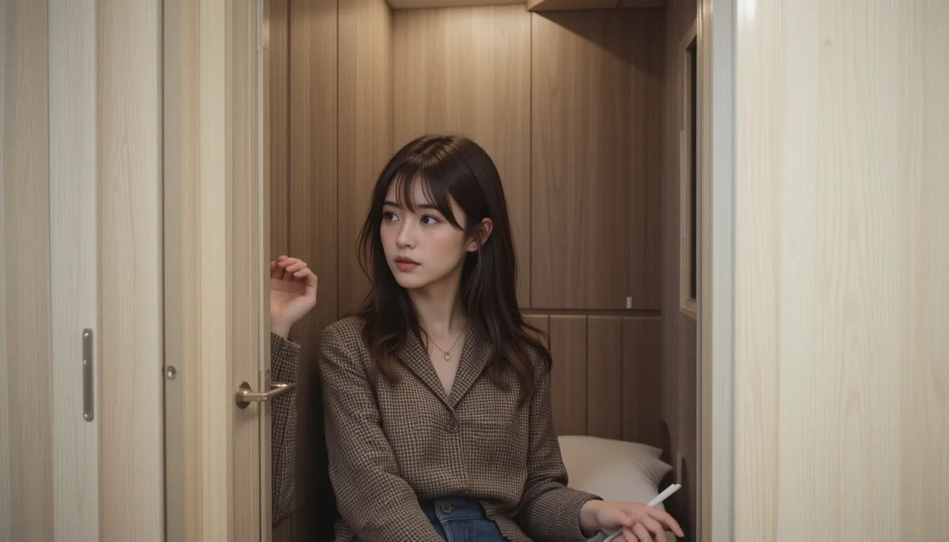 Female traveler in privacy pod at women-only capsule hotel in Shinjuku Tokyo