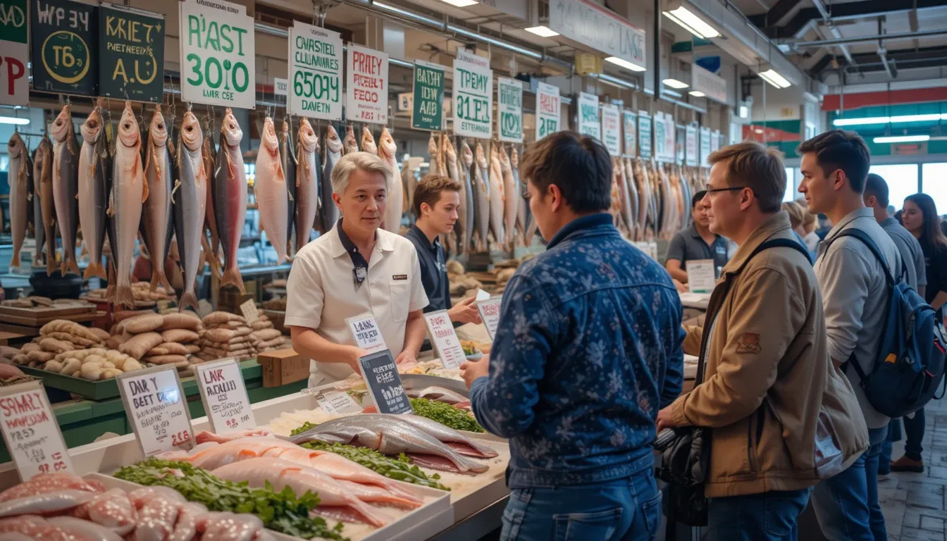 Sustainable seafood market featuring MSC-certified options with fishmonger educating travelers about responsible choices