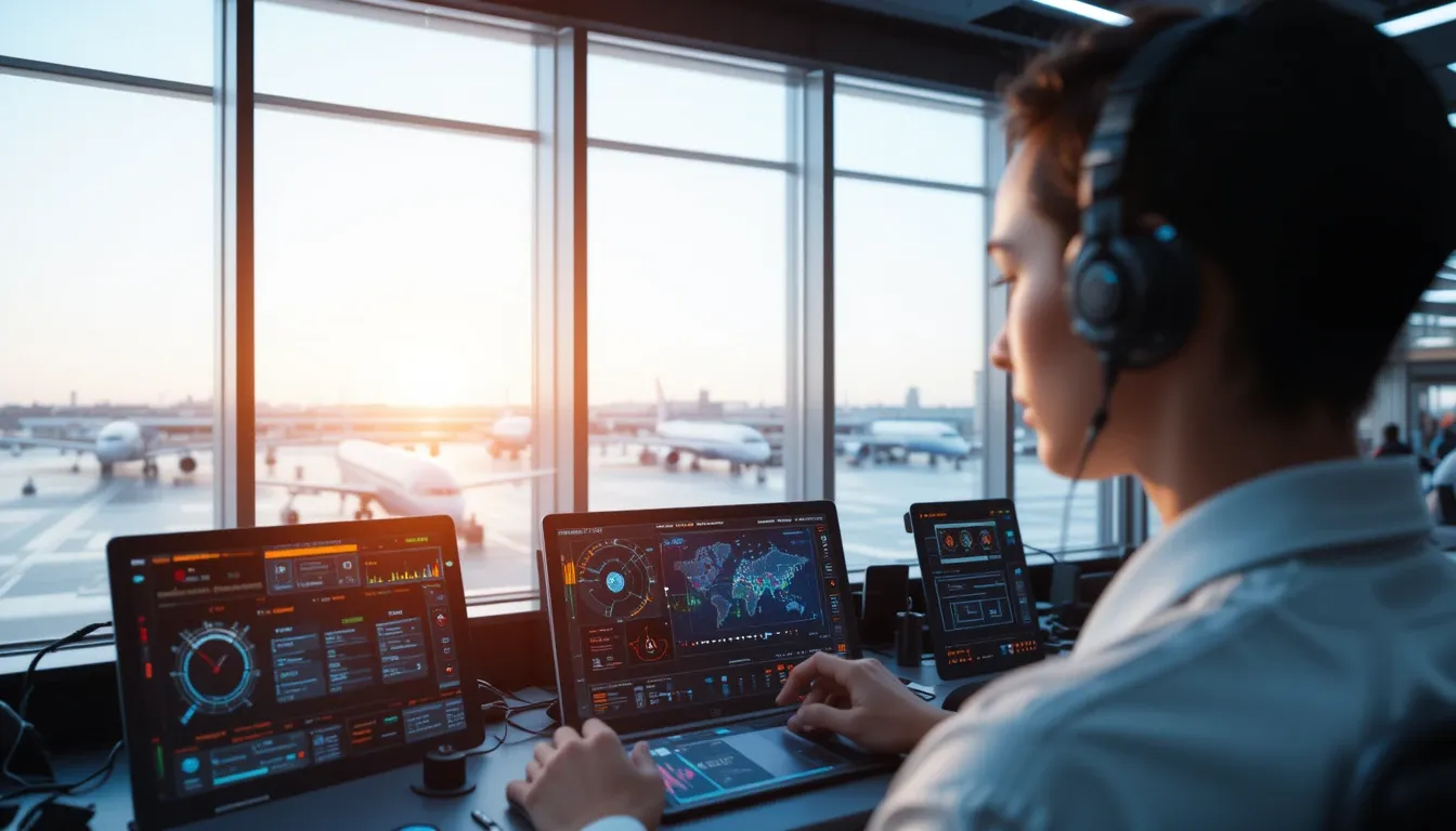 Futuristic airport dashboard with AI and quantum computing visuals