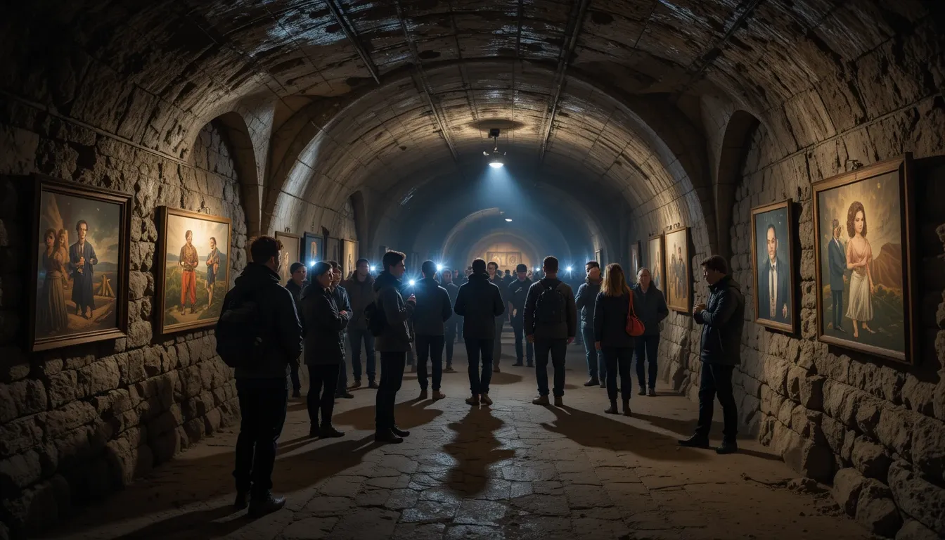 Group of tourists with flashlights exploring an underground art gallery in a bunker