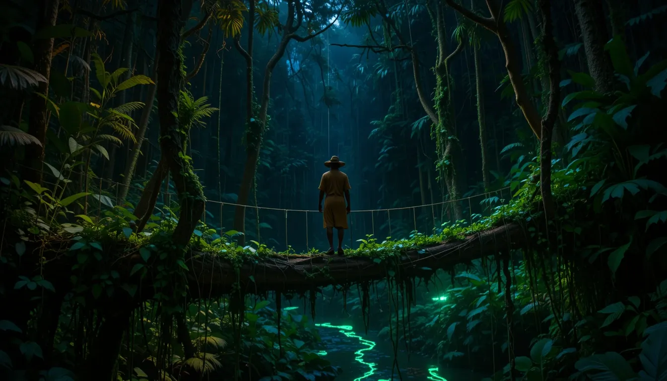 Indigenous guide crossing Amazon vine bridge illuminated by bioluminescent fungi at night