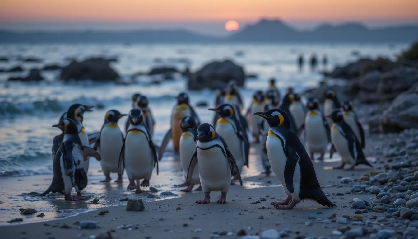 Little penguins returning to shore at dusk on Penguin Island, Western Australia
