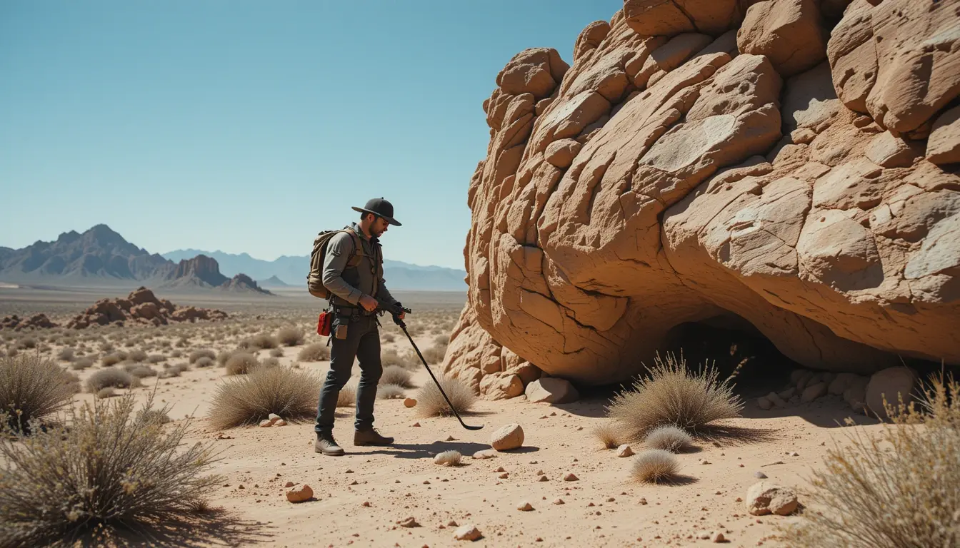 Meteorite hunting in desert with metal detector