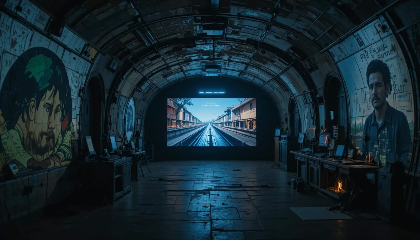Multimedia art projection inside a dimly lit Cold War bunker