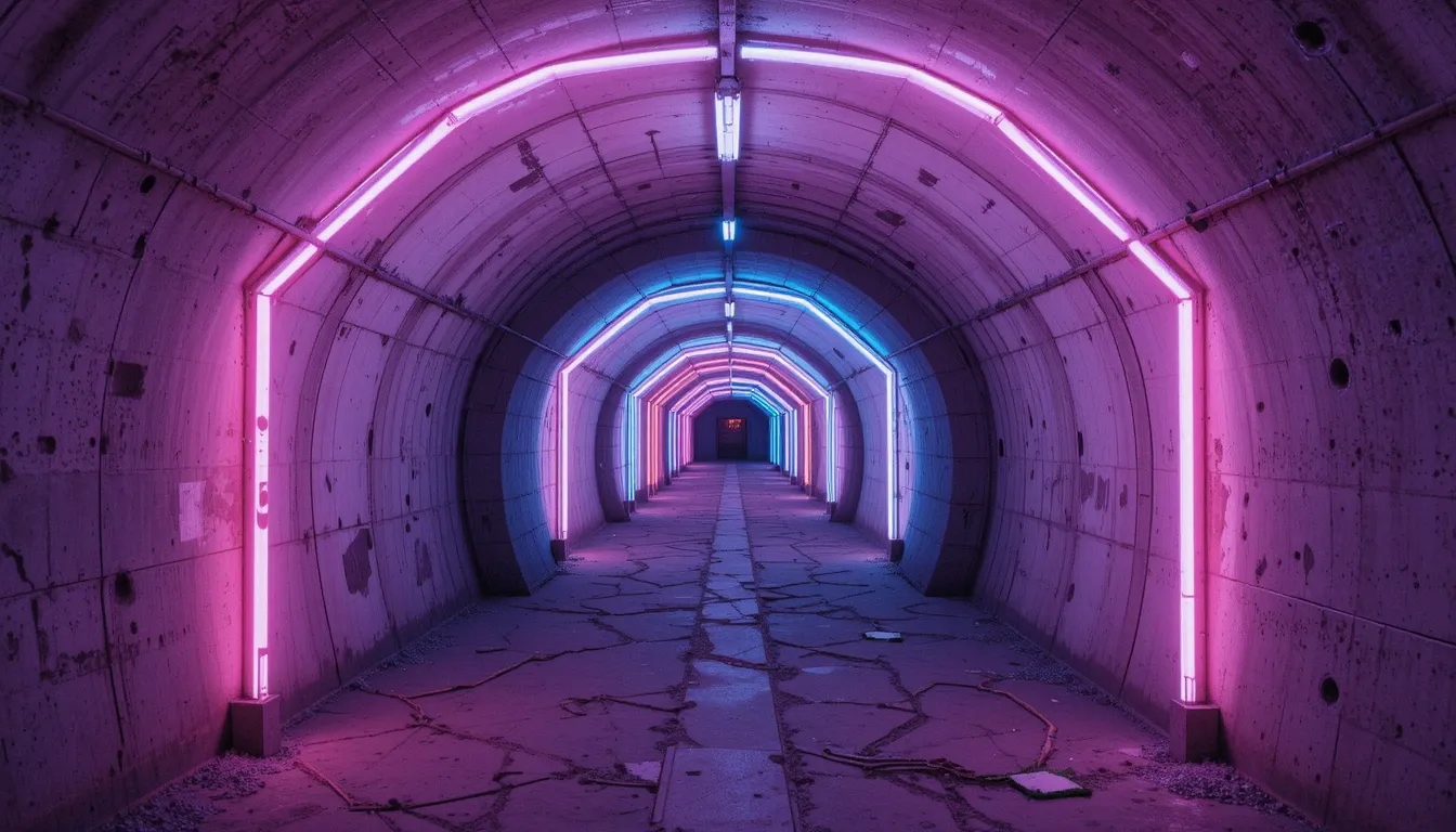 Neon light installation in a concrete bunker corridor