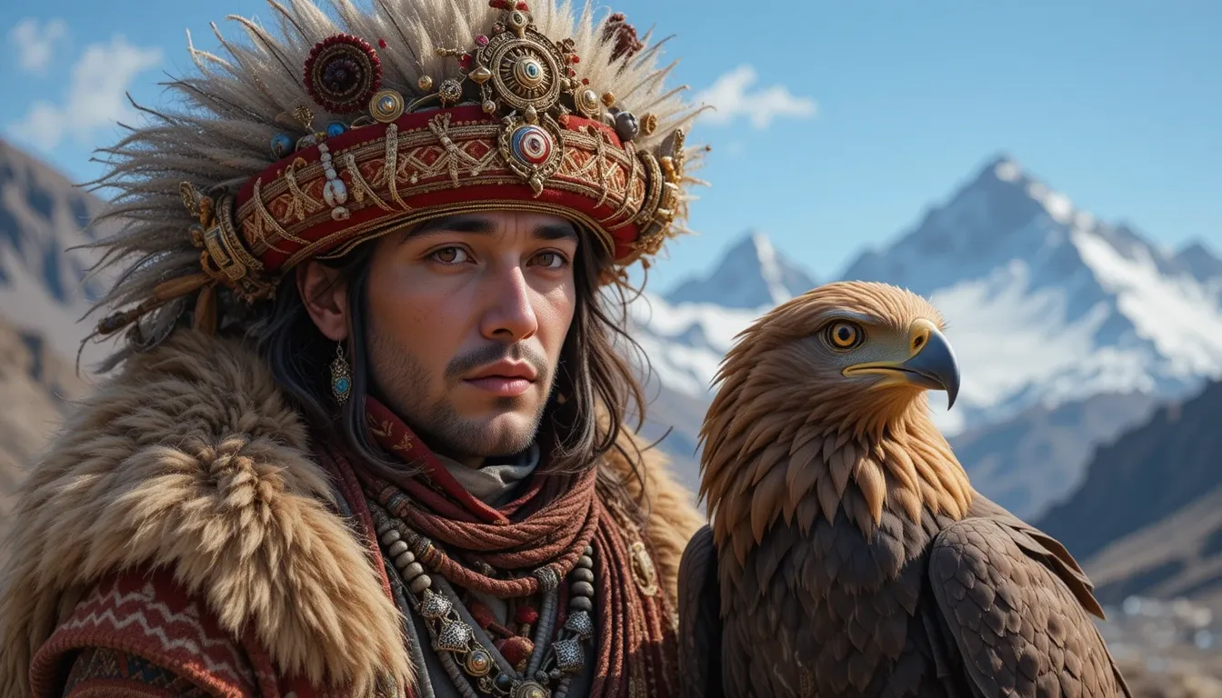 Kyrgyz eagle hunter in celestial mountain landscape
