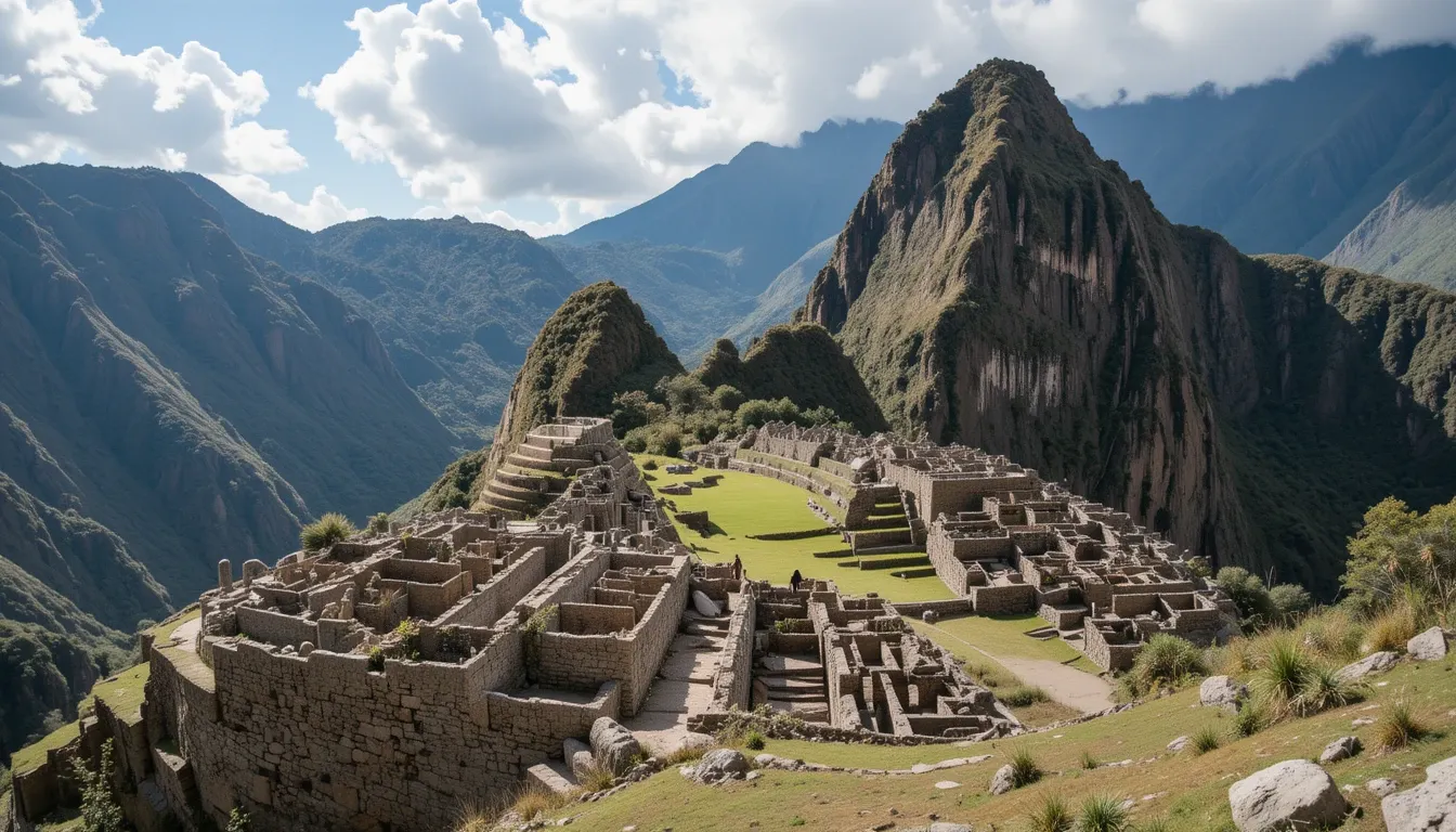 Stone terraces and structures of Choquequirao archaeological site nestled in the Andes mountains
