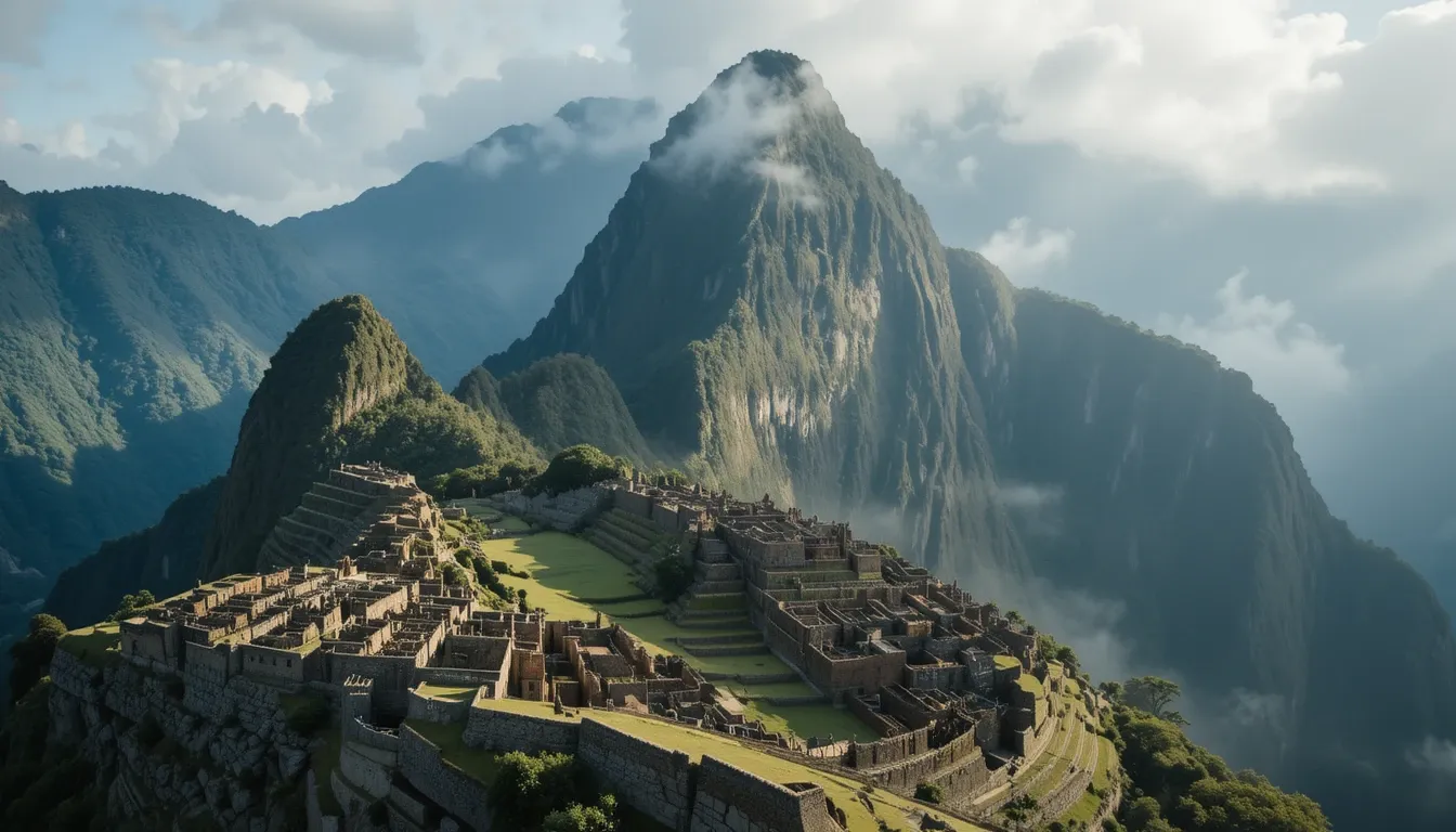 Aerial view of Machu Picchu's stone structures nestled among Andean peaks with morning fog