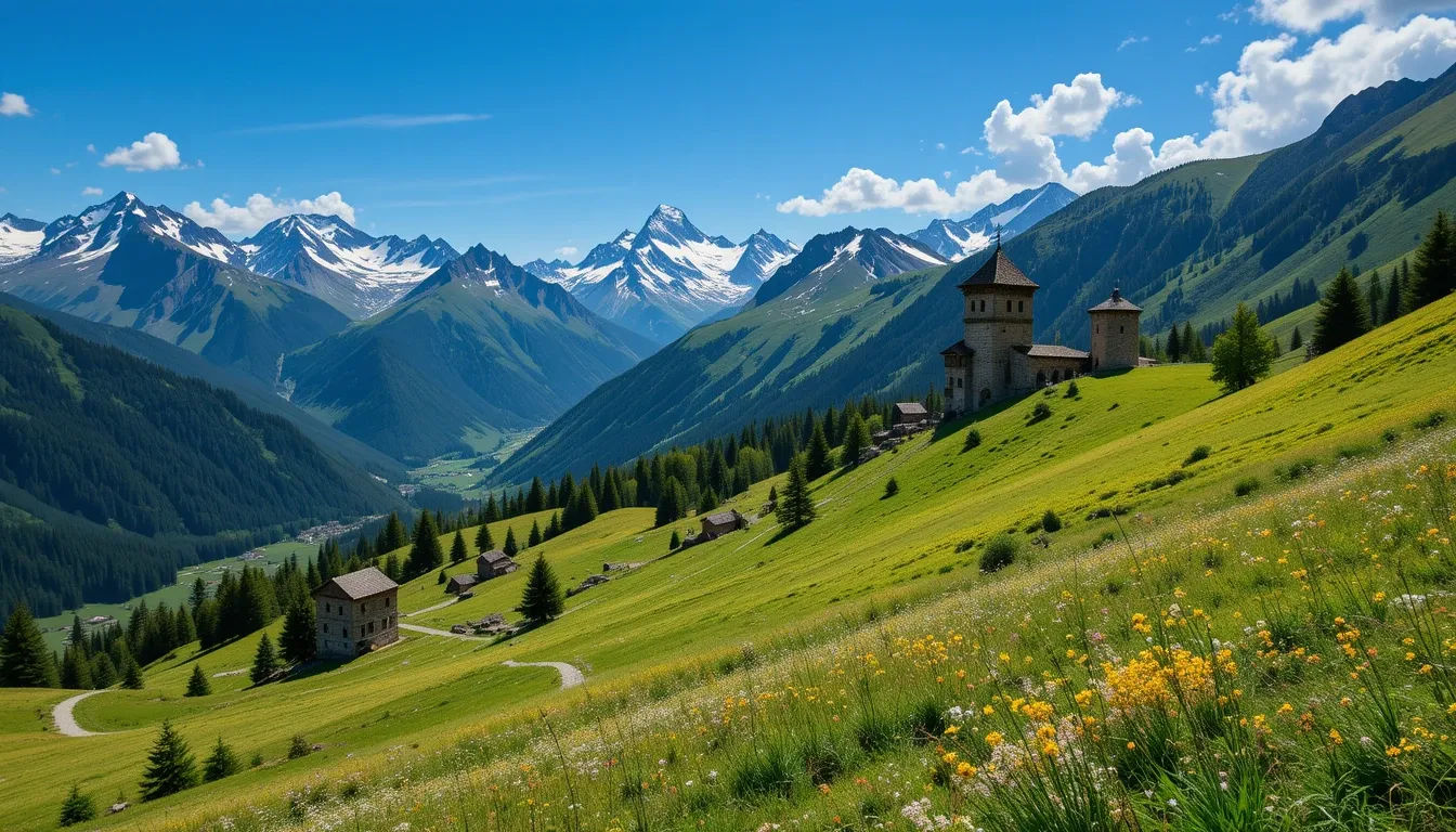 Panoramic view of Svaneti, Georgia green alpine meadows, medieval stone towers, and snow-capped Caucasus Mountains under a blue sky