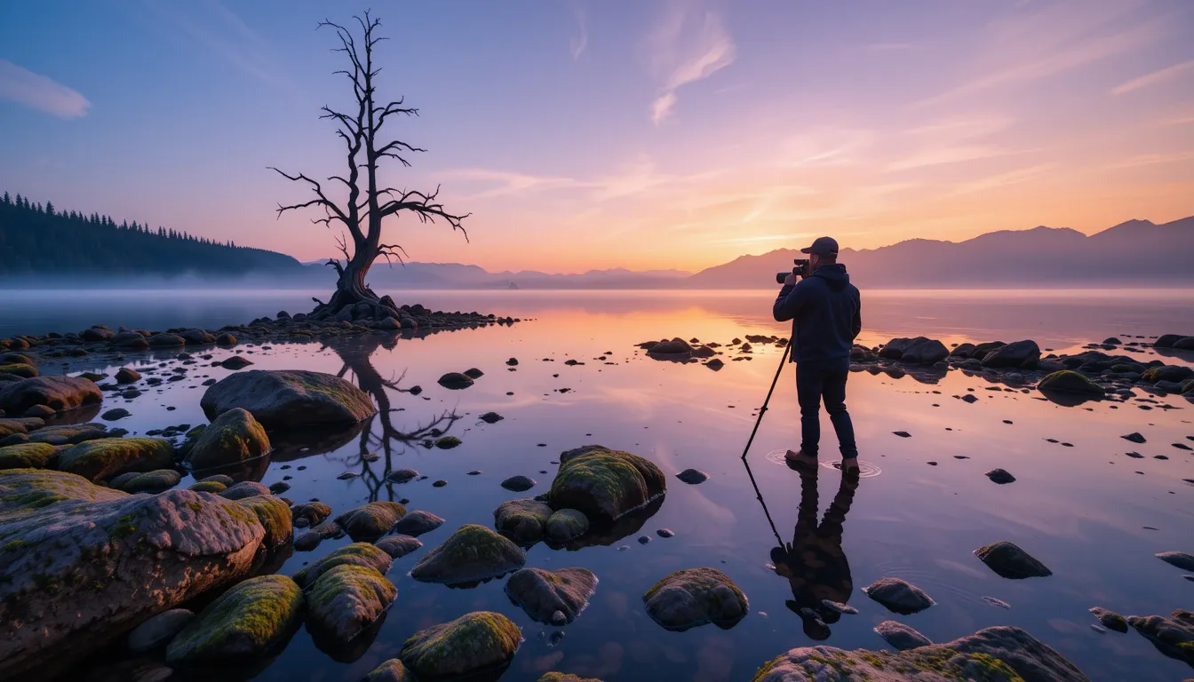 Photographer capturing sunrise reflections at Hanging Lake Colorado with tripod positioned in shallow water, surrounded by moss-covered rocks and dead tree silhouettes