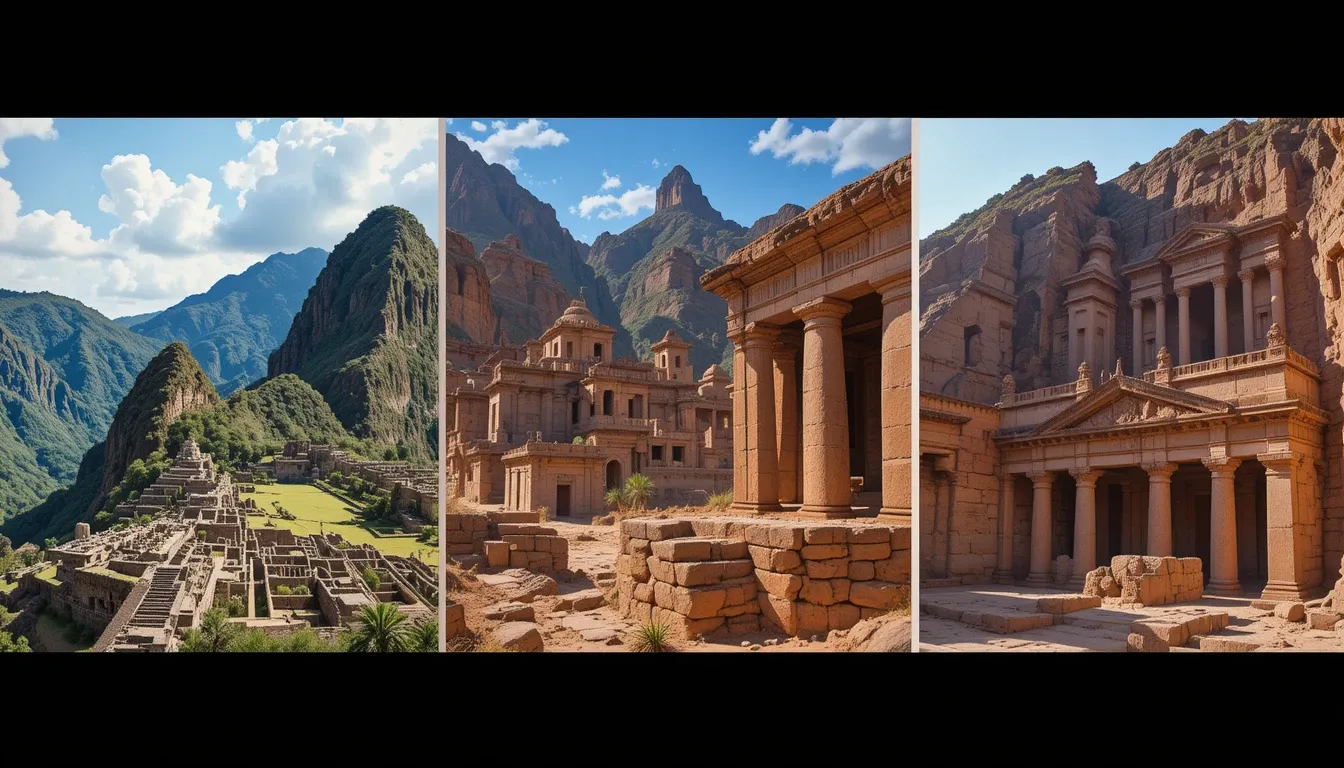 Architectural comparison showing distinctive features of Machu Picchu, Angkor Wat, and Petra ruins