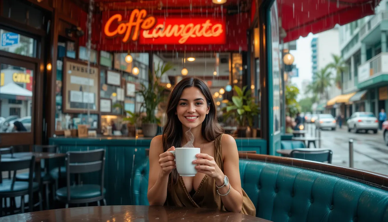 Solo female traveler enjoying Cuban coffee at Miami ventanita during rainstorm