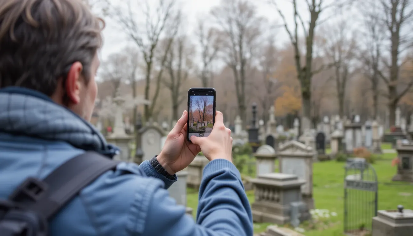 Solo traveler at NYC cemetery jazz concert using AR app with dollar pizza