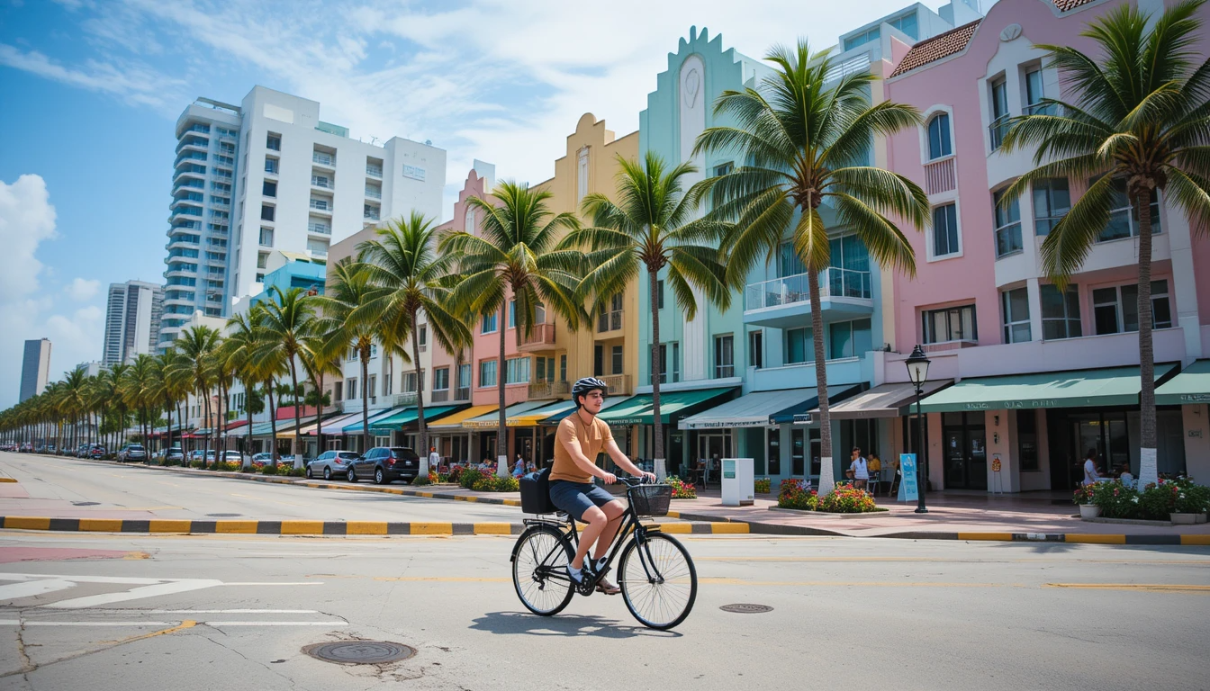 Explorer biking on Miami's South Beach with ocean view