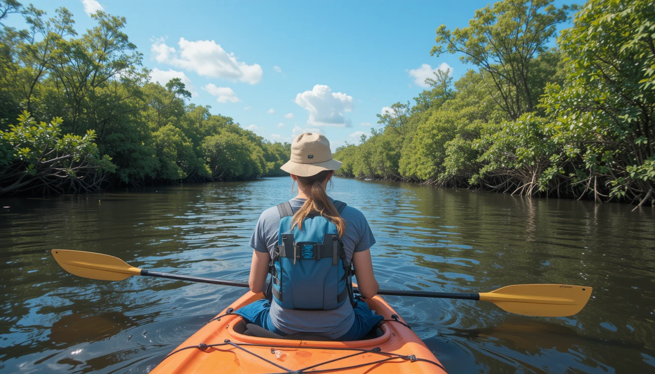 Adventurer kayaking through Oleta River’s mangrove trails