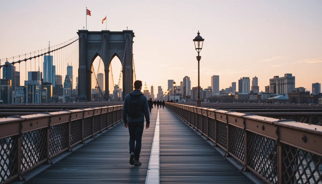 Explorer crossing Brooklyn Bridge with Manhattan skyline
